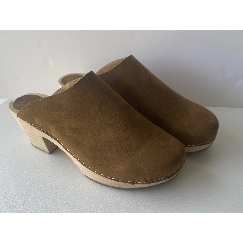 Novacas Vegan Suede Wooden Platform Clogs Sz 41 Cognac Brown Sustainable